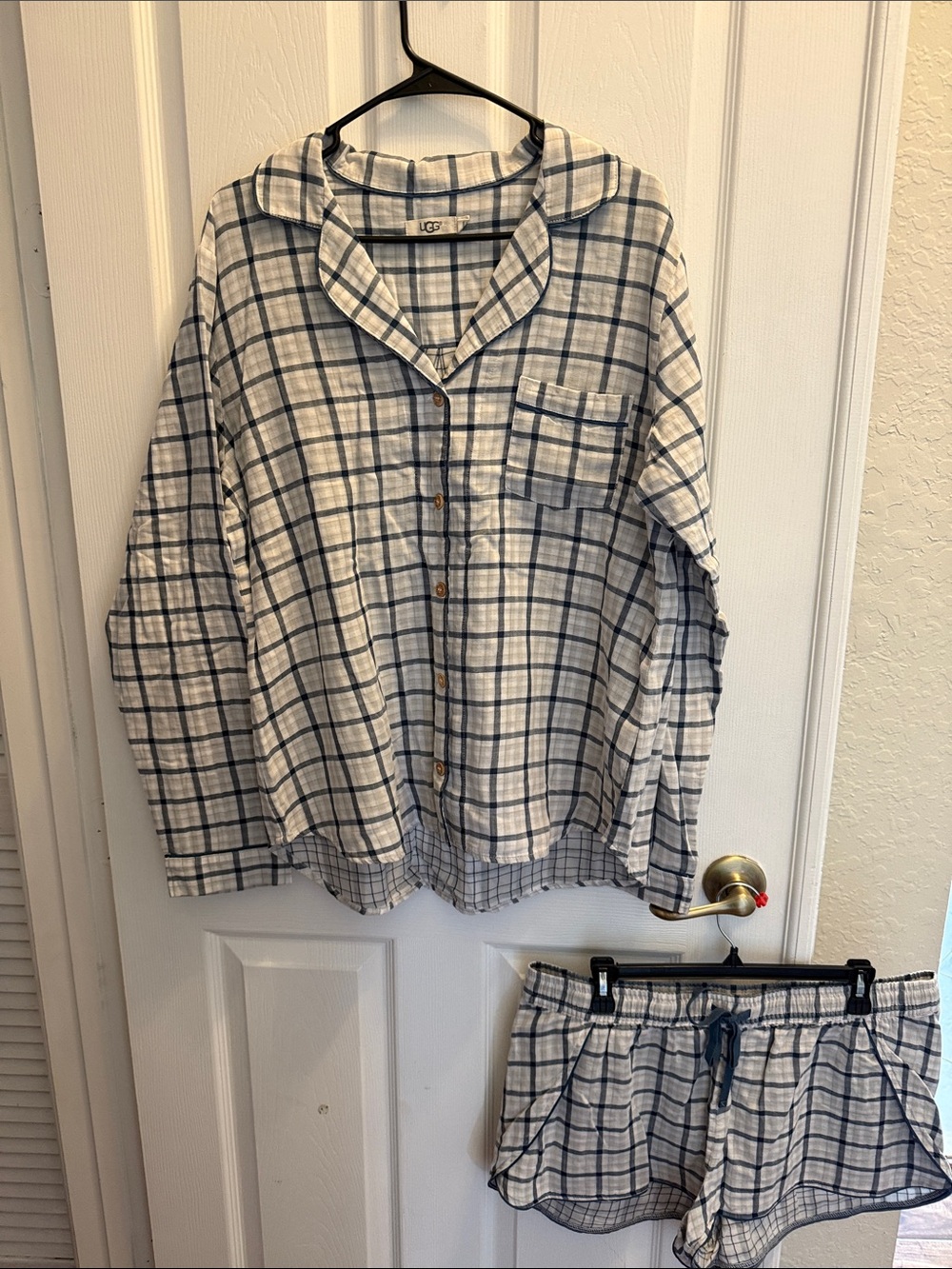 UGG Women's White and Navy Plaid Two-Piece Pajama Set
